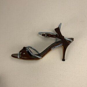 Givenchy Elegant Brown Leather Heeled Sandals with Metallic Straps & Ribbon Bows